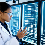 **Prompt for Quantum Computing in Drug Discovery:**
    A focused female scientist, wearing a white lab coat over modest professional attire, is looking at a holographic display showing complex molecular structures and genetic sequences. She is in a pristine, futuristic quantum research laboratory with a sleek, glowing quantum computer system in the background. The atmosphere is calm, highly advanced, and bathed in soft, high-tech lighting. Perfect anatomy, correct proportions, natural pose, well-formed hands, proper finger count, natural body proportions. Professional photography, high-resolution, detailed, safe for work, appropriate content, fully clothed, professional dress, family-friendly.